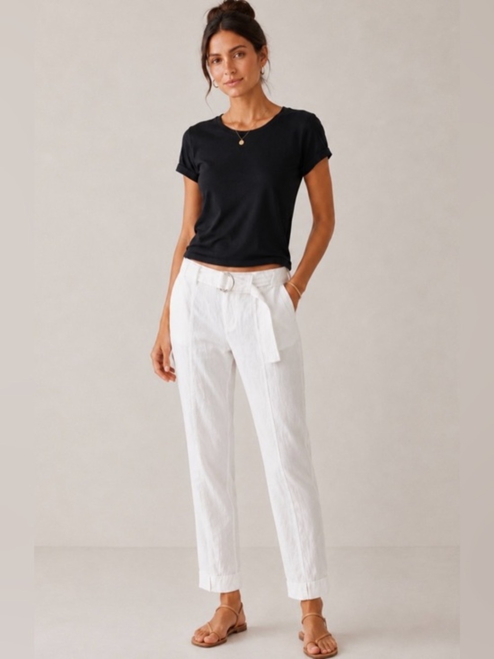 Vince White Linen Blend Belted Tapered Ankle Pants Relaxed Fit Size 2